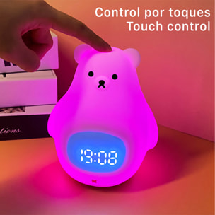 Reloj despertador con luz nocturna infantil. Luz led multicolor RGB, control con mando a distancia. Diseño Oso Polar.