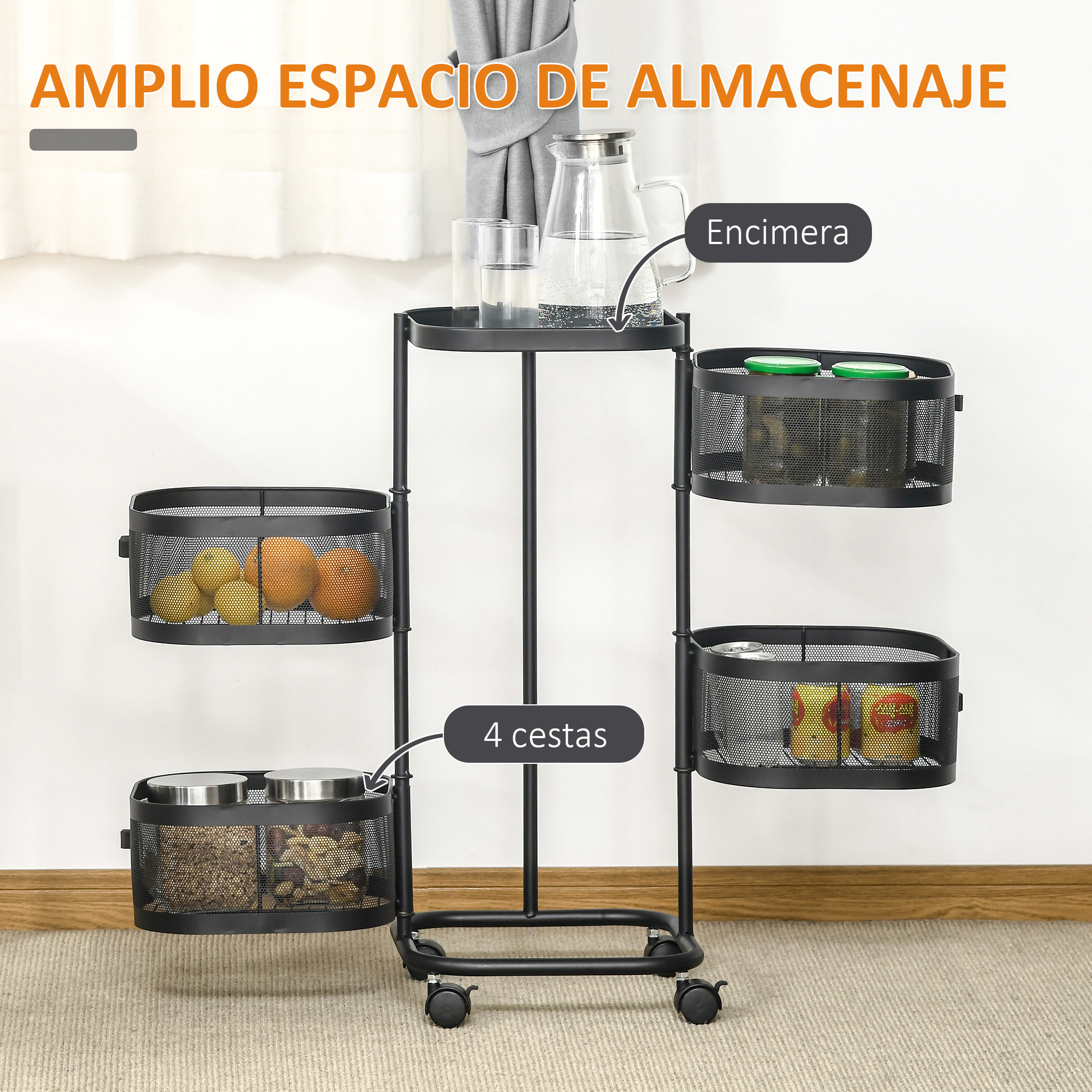 Carrito Auxiliar con Ruedas de 5 Niveles, Carrito de Cocina con 4 Cestas de Almacenamiento Giratorias 270° y Bandeja Superior, para Frutas, Verduras, Utensilios, 33x33x77 cm, Negro