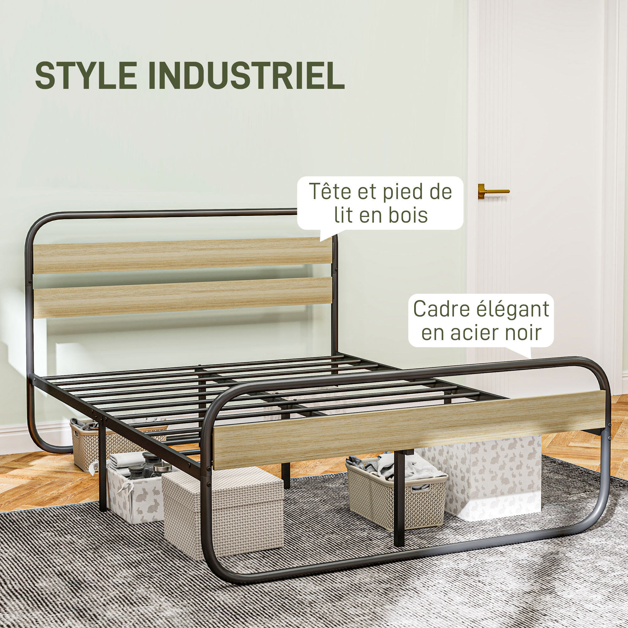 Lit double - tête de lit, pied de lit, sommier - compatible matelas 190L x 140l cm - acier noir aspect chêne clair