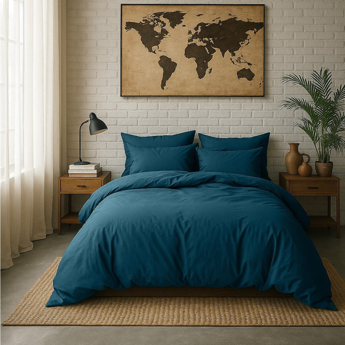 Paire de Taies D'oreiller Avec Volant 100% Percale De Coton Lavé Bleu Impérial