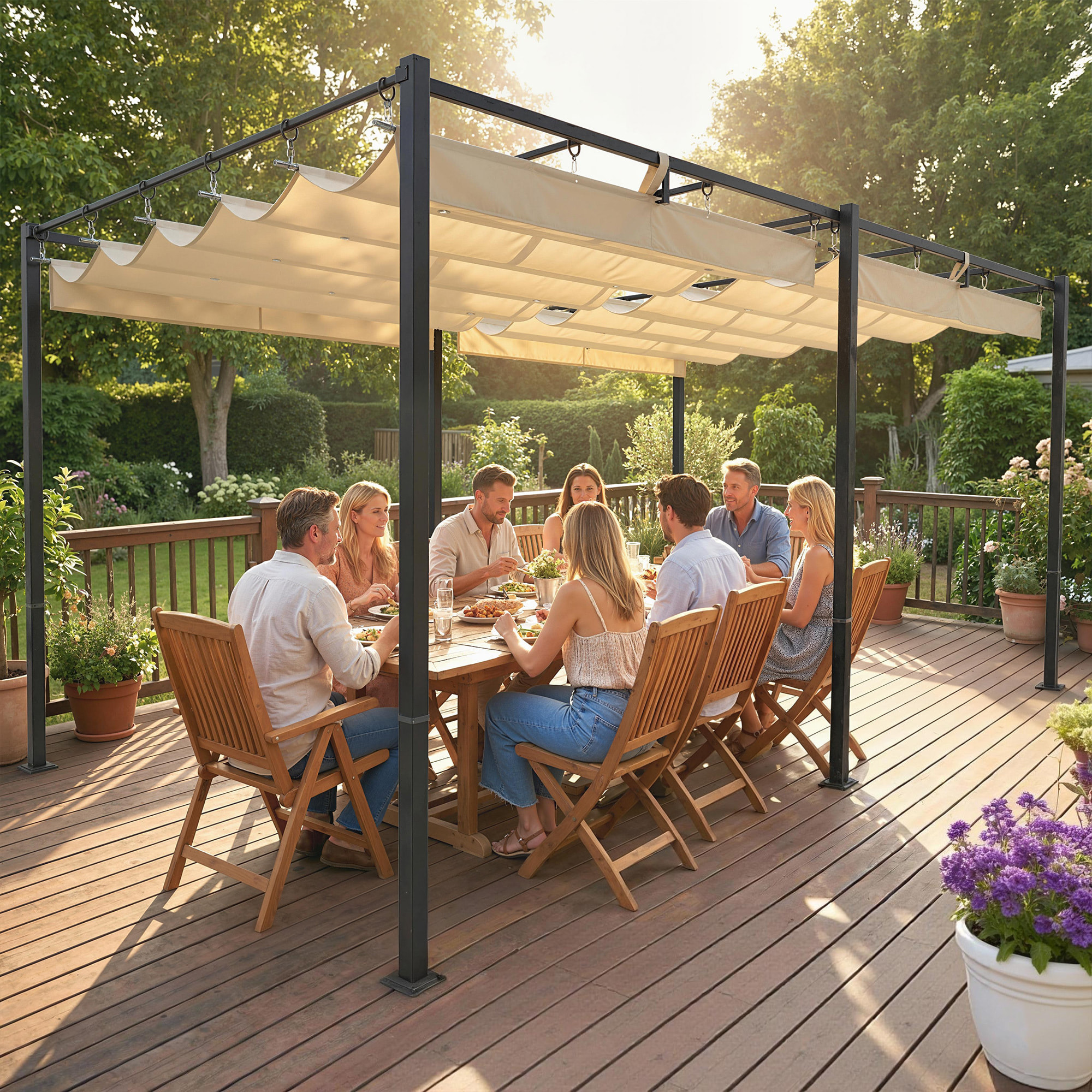 Pergola de jardin double toit rétractable structure métallique beige