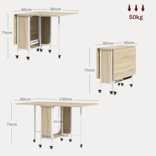 Mesa Plegable de Comedor Mesa de Cocina Plegable con Ruedas Alas Abatibles y Estante Mesa Plegable para Salón 130x80x74 cm Madera Natural