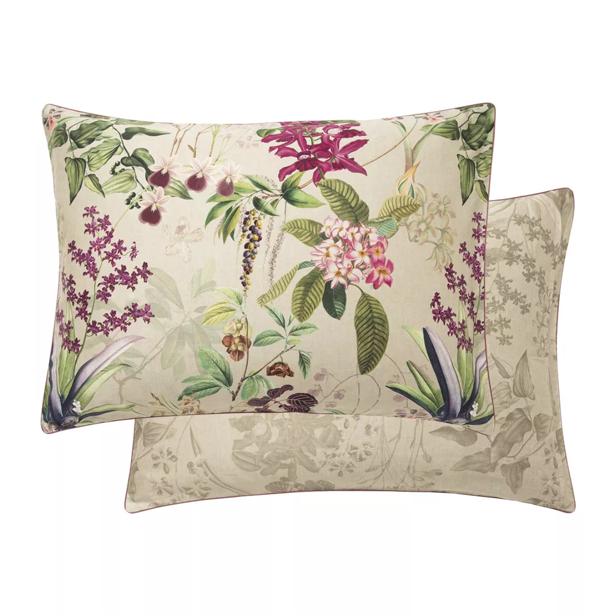 Taie d'oreiller satin de coton 115 g/m² imprimé rose beige vert Parfum d'orchidee grege