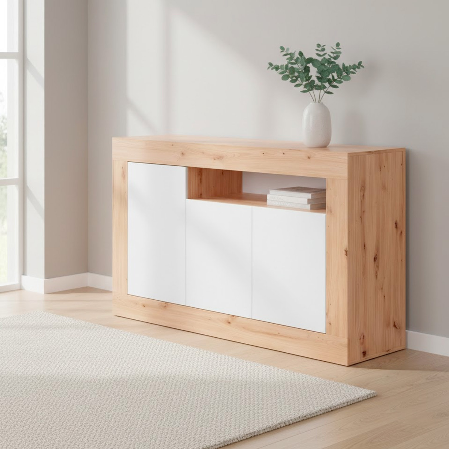 Credenza Moderna Madia A Terra Con 3 Ante Vano A Giorno E Ripiani Interni Mobile Contenitore In Melaminico Antigraffio 144x42x87 Cm Rovere e Bianco