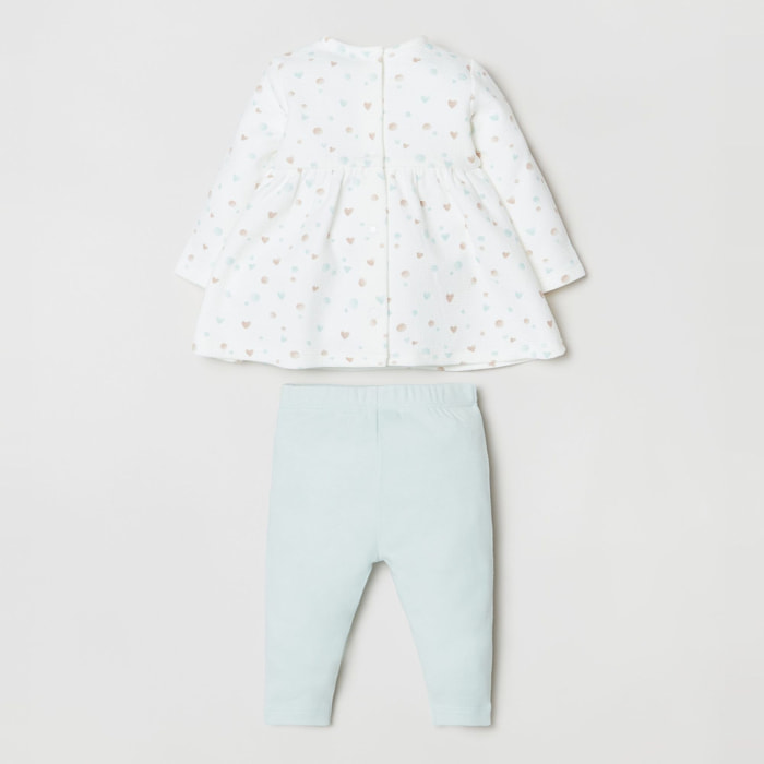 Vestido completo + leggings - color sólido - volantes - blanco y azul