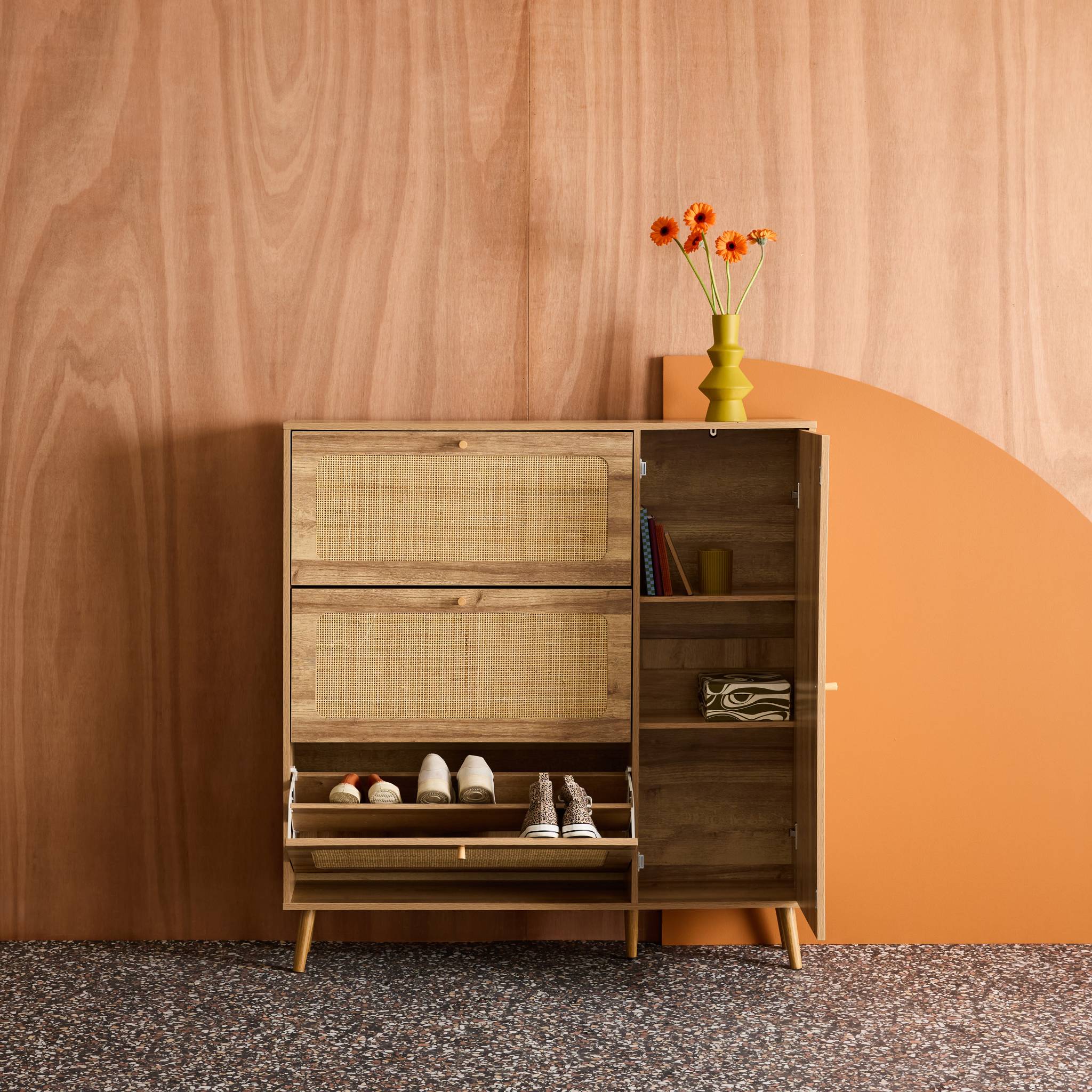 Meuble à chaussures décor bois et cannage 3 abattants 1 porte BOHÈME
