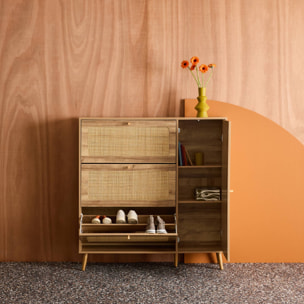 Meuble à chaussures décor bois et cannage 3 abattants 1 porte BOHÈME