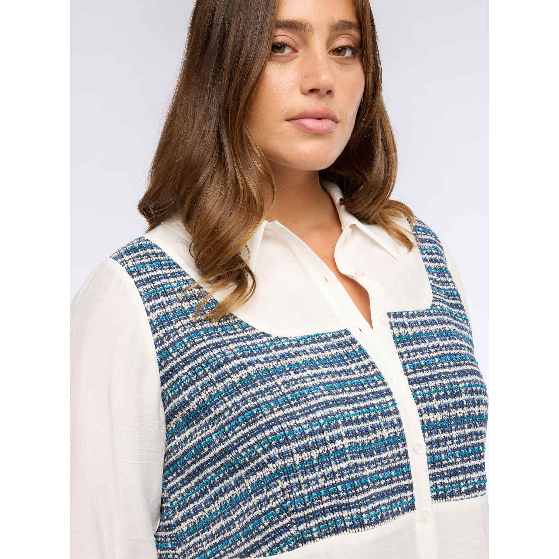 Fiorella Rubino - Camicia in mussola con inserto bouclé - Bianco