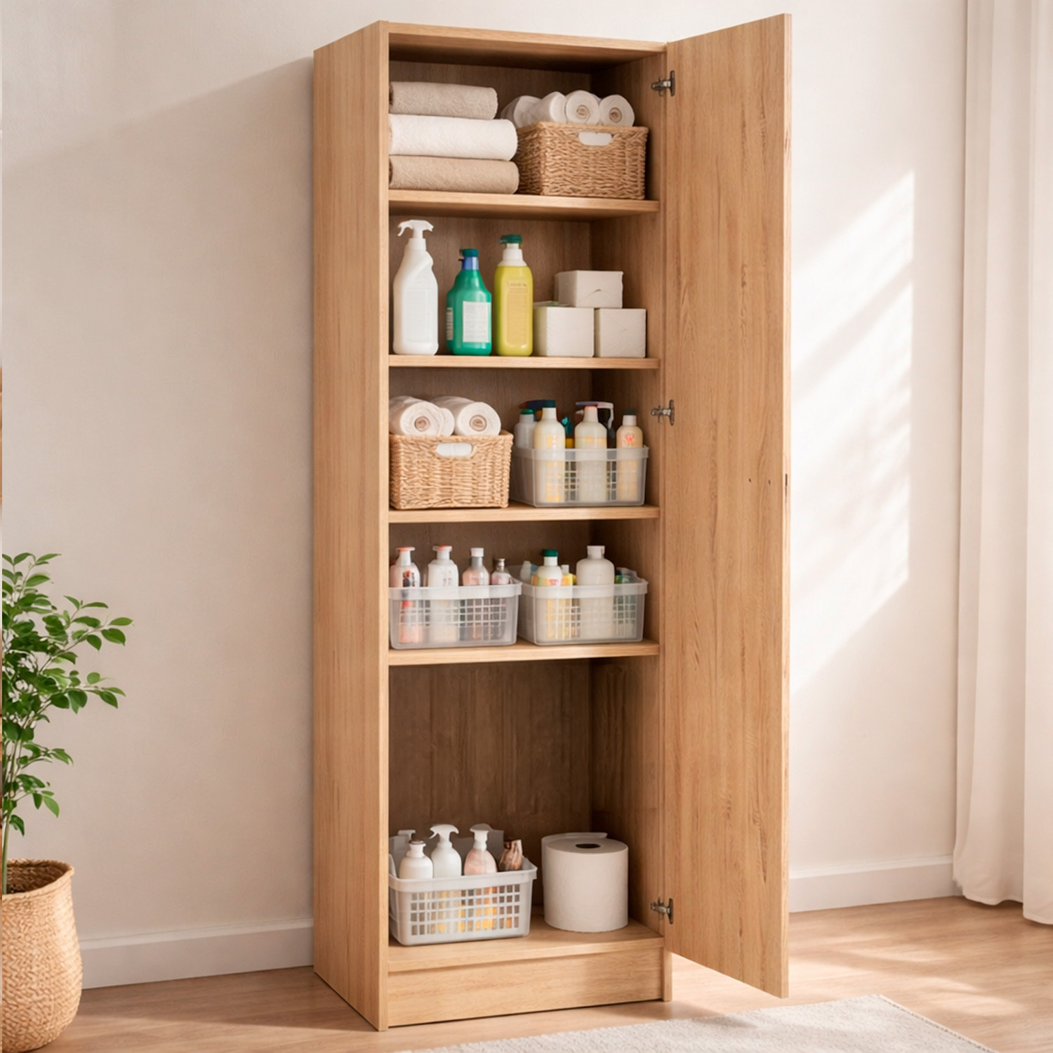 Colonna Armadio Bagno 1 Anta Salvaspazio 4 Ripiani Regolabili Mobile Alto Ingresso Corridoio Ripostiglio Moderno Semplice Con Maniglia In Metallo Argentata 200 x 47.1 x 49.2 Cm Rovere