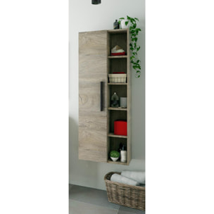 Colonna bagno LosAngeles, Mobile a colonna per bagno a 1 anta, Armadio pensile sospeso con 5 ripiani, cm 51x25h135, Rovere