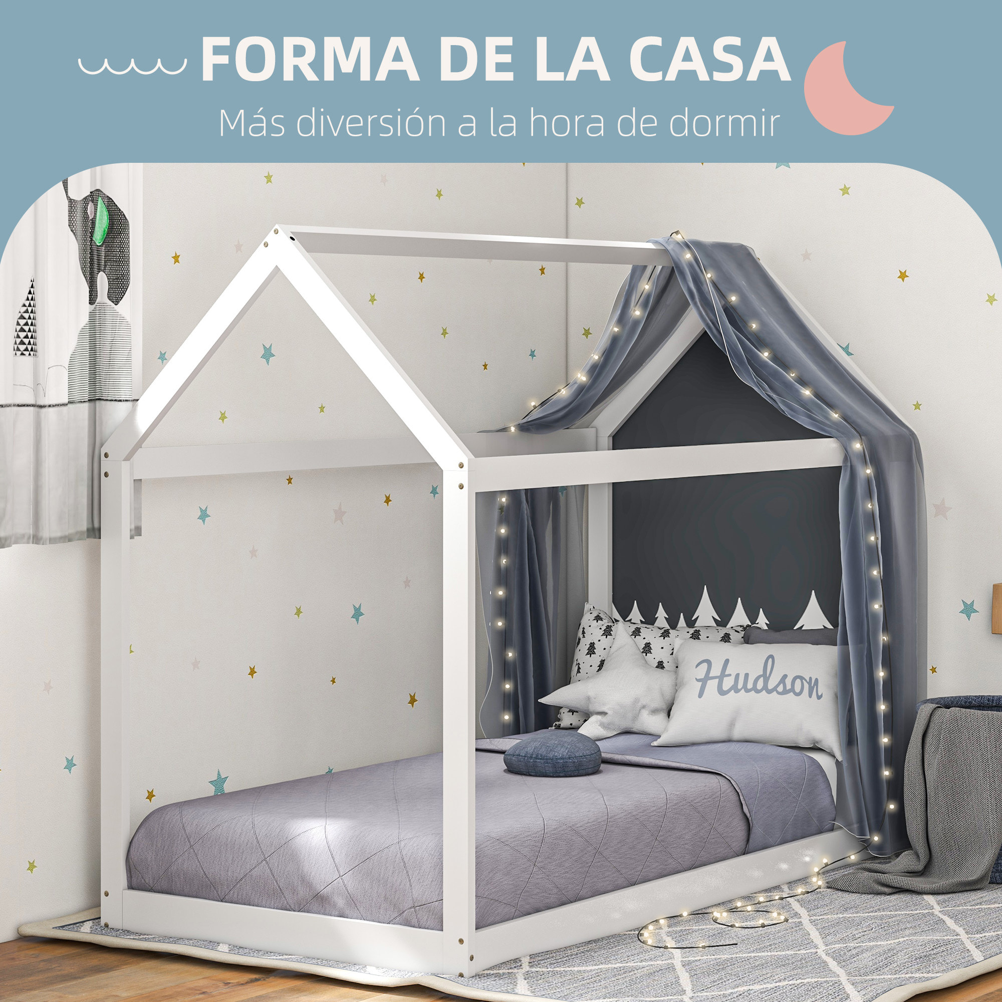 Cama Individual 90x190 cm Estructura de Cama Somier de Madera en Forma de Casa Carga 120 kg para Dormitorio Blanco