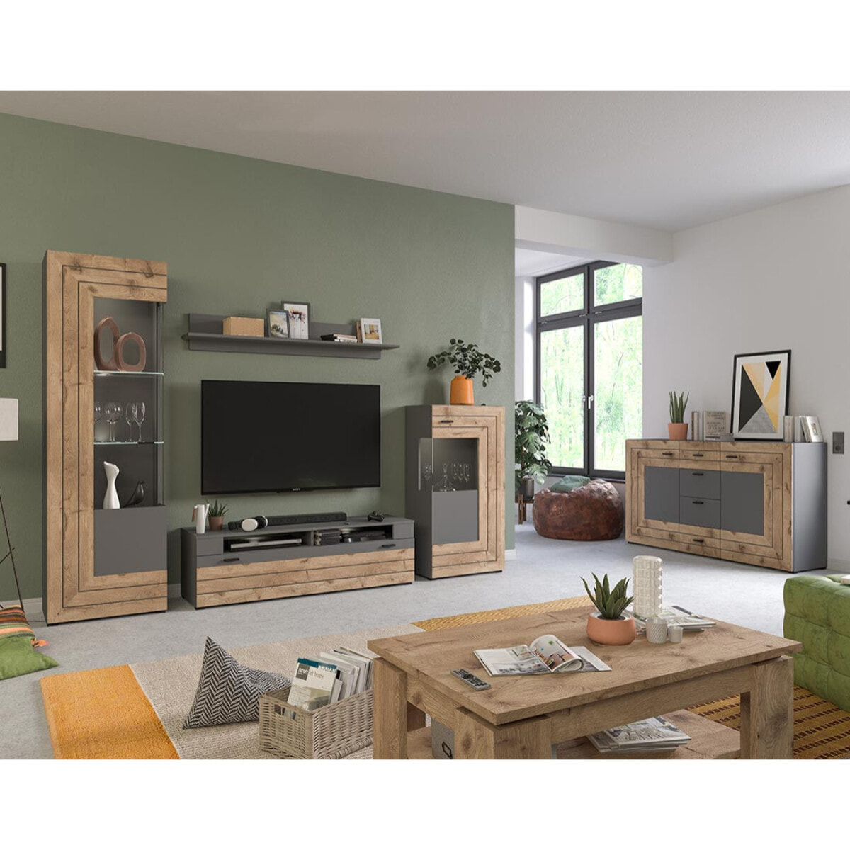 Wexford - meuble tv - gris et effet bois - 1 porte - 140 cm - Bois / Gris