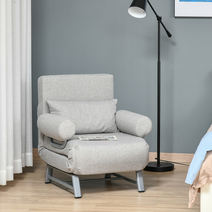 Fauteuil chauffeuse canapé-lit convertible inclinable 1 place grand confort coussin lombaires accoudoirs piètement métal lin gris clair