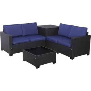 Salon de jardin en résine tressée avec coffre de rangement "Riley" - 4 places - Bleu foncé