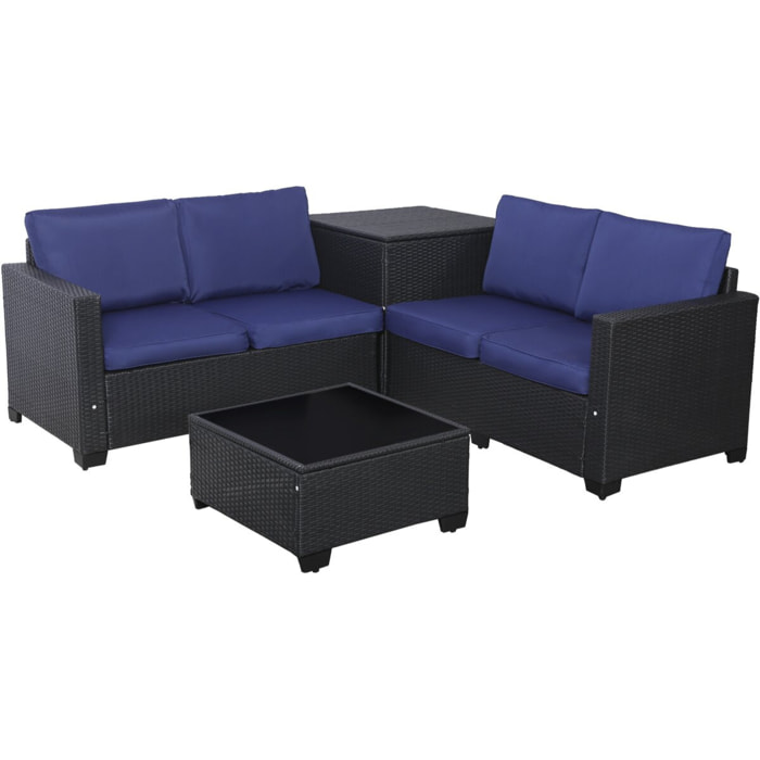 Salon de jardin en résine tressée avec coffre de rangement "Riley" - 4 places - Bleu foncé