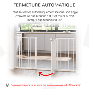 Barrière de sécurité pliable pour chien - 3 panneaux, porte verrouillable - dim. 206L x 120H cm - acier PP blanc