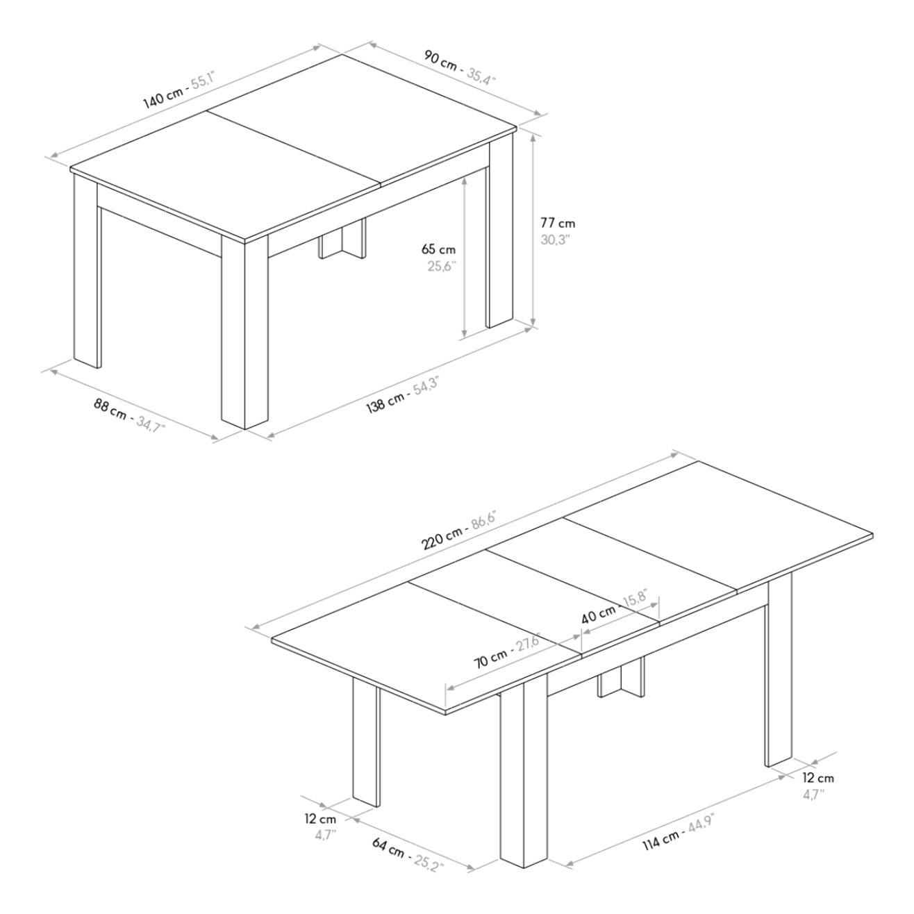 Tavolo LIPARI in legno finitura bianco frassinato e base bianca, allungabile 140×90 cm – 220×90 cm