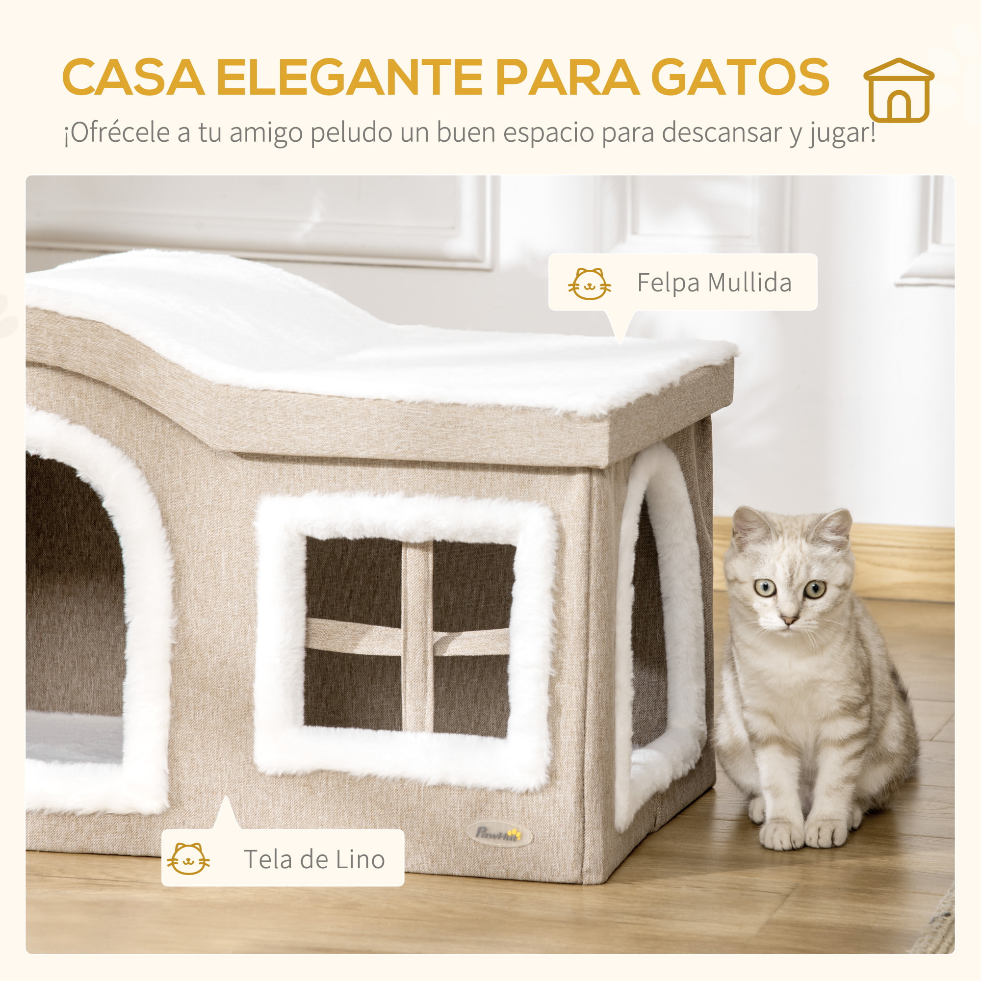 Casa Plegable para Gatos Interior Cueva para Gatos Grande con Tapa Extraíble Cojines 2 Entradas y Ventana Taburete para Gatos 63,5x37x40 cm Beige