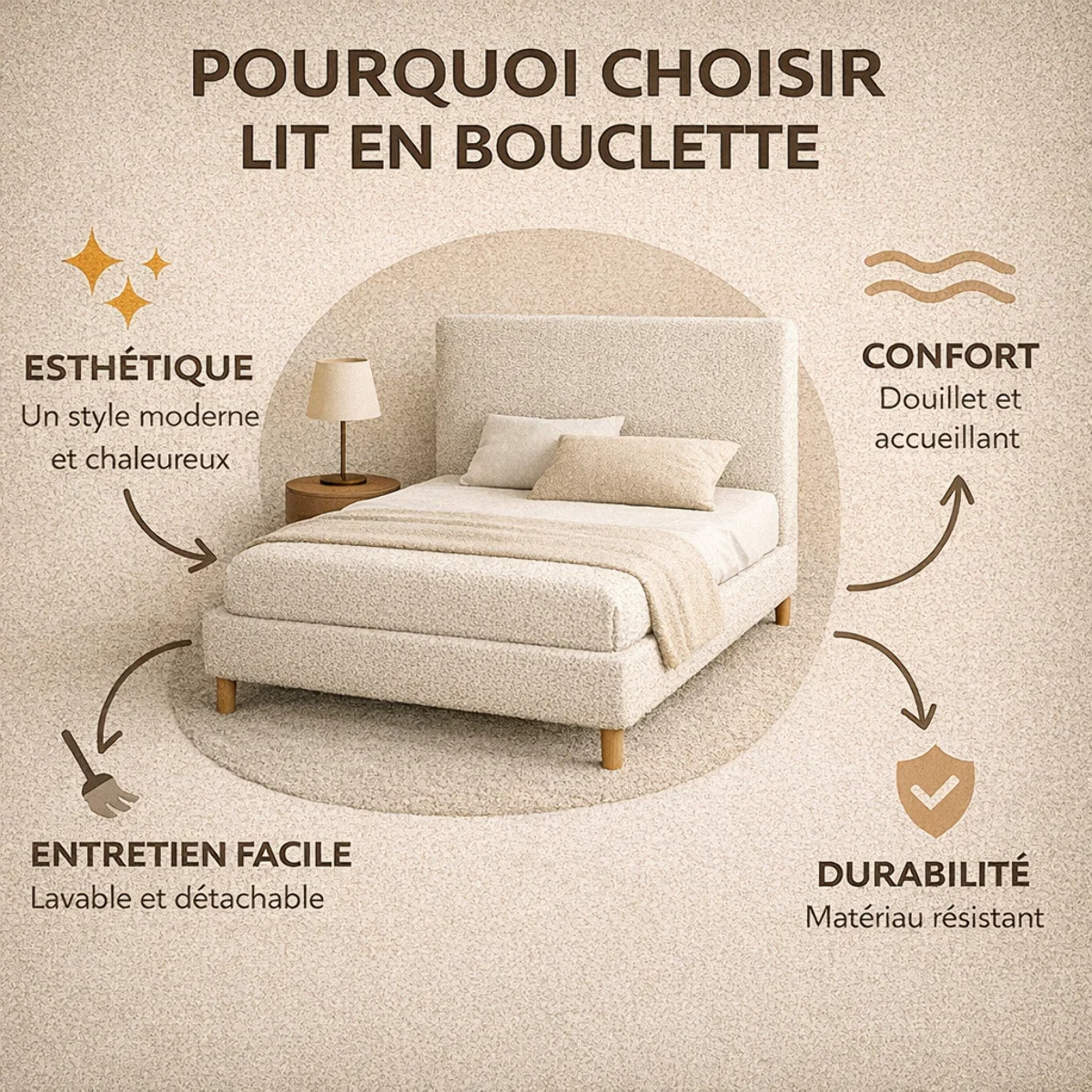 Lit coffre Colisée avec tête de lit | Robuste et confortable | Montage simple rapide | Bouclette | Camel