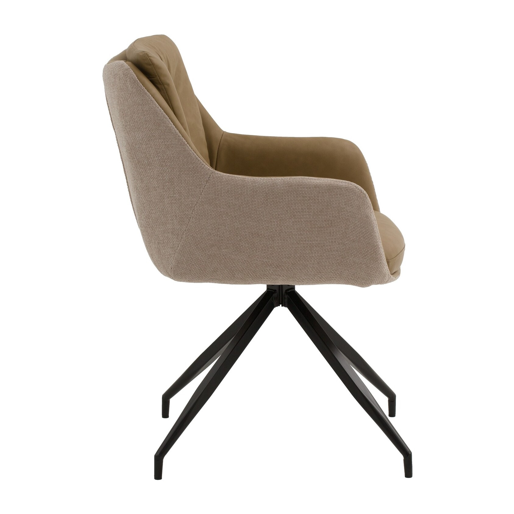 Set di 2 poltroncine girevoli WATSON in similpelle marrone, tessuto beige e gambe in metallo nero, con braccioli