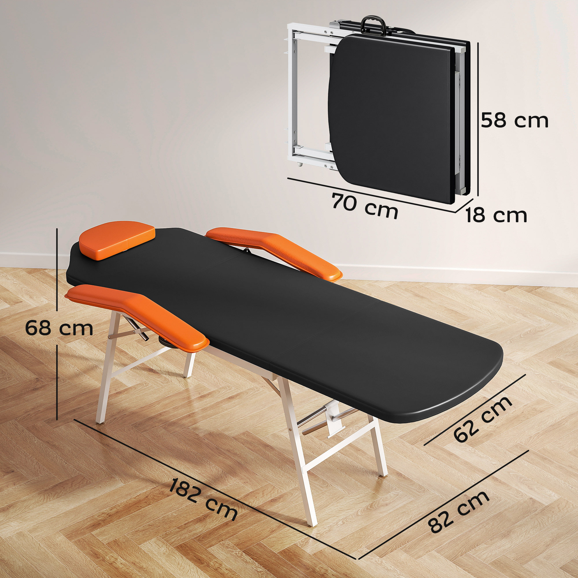 Camilla Masaje Plegable Portátil Camilla Estética Profesional de 3 Zonas con Respaldo Soporte para Piernas Ajustables Reposacabezas Extraíble Reposabrazos Acolchados para Spa 182x82 cm Naranja