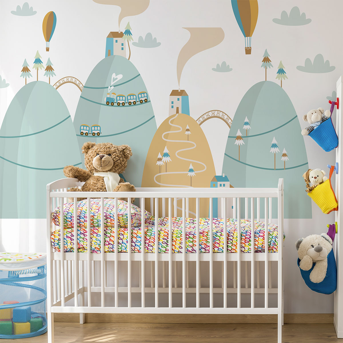 Stickers muraux enfants - Décoration chambre bébé - Autocollant Sticker mural géant enfant montagnes scandinaves MONTGOLFIÈRES BALLONS DU CIEL