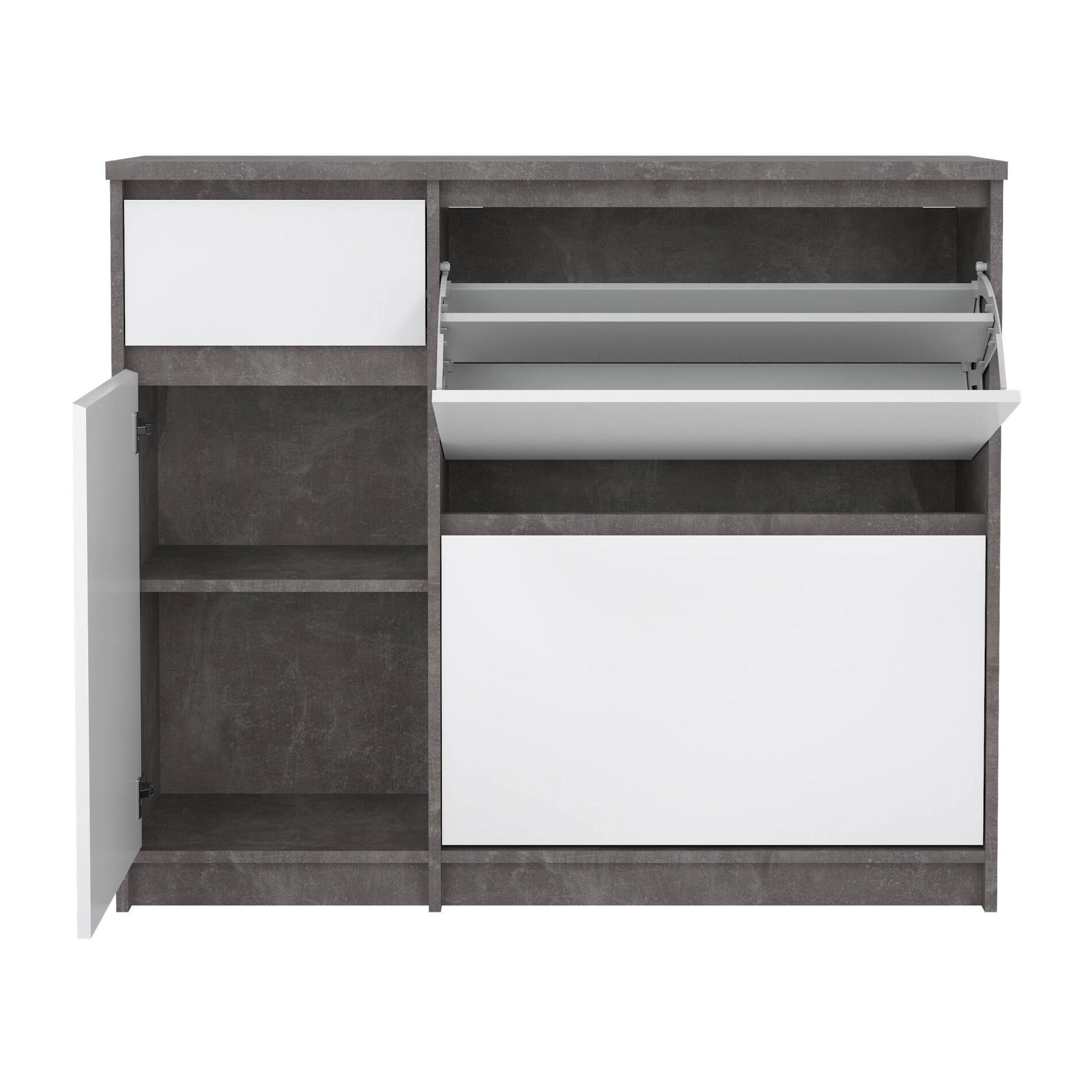 Scarpiera Todd, Mobile portascarpe, Armadio da ingresso multiuso, Mobiletto per calzature, 109x32 h93 cm, Cemento e Bianco lucido
