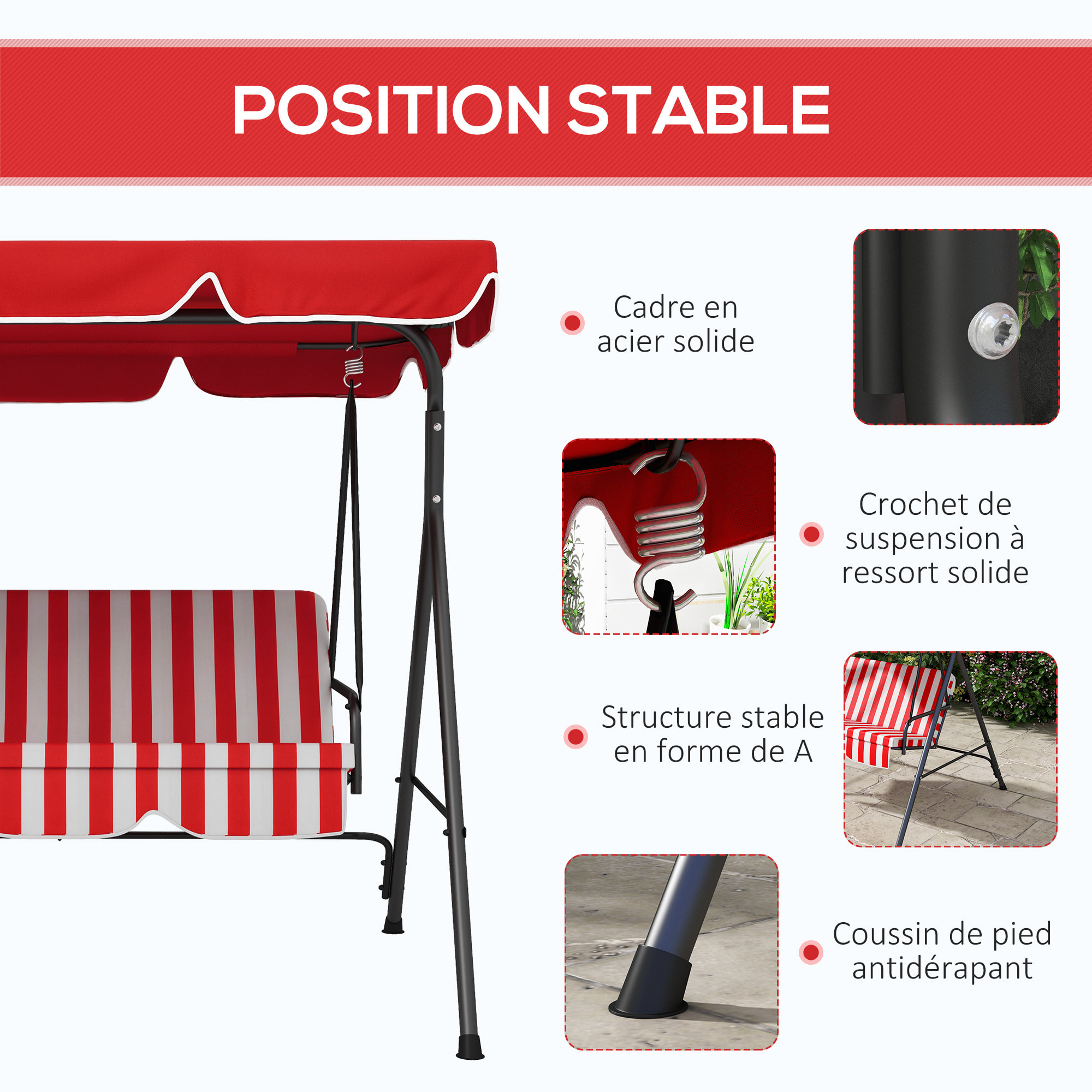 Balancelle de jardin 3 places toit inclinaison réglable coussins assise et dossier 1,72L x 1,1l x 1,52H m acier noir polyester rouge et blanc