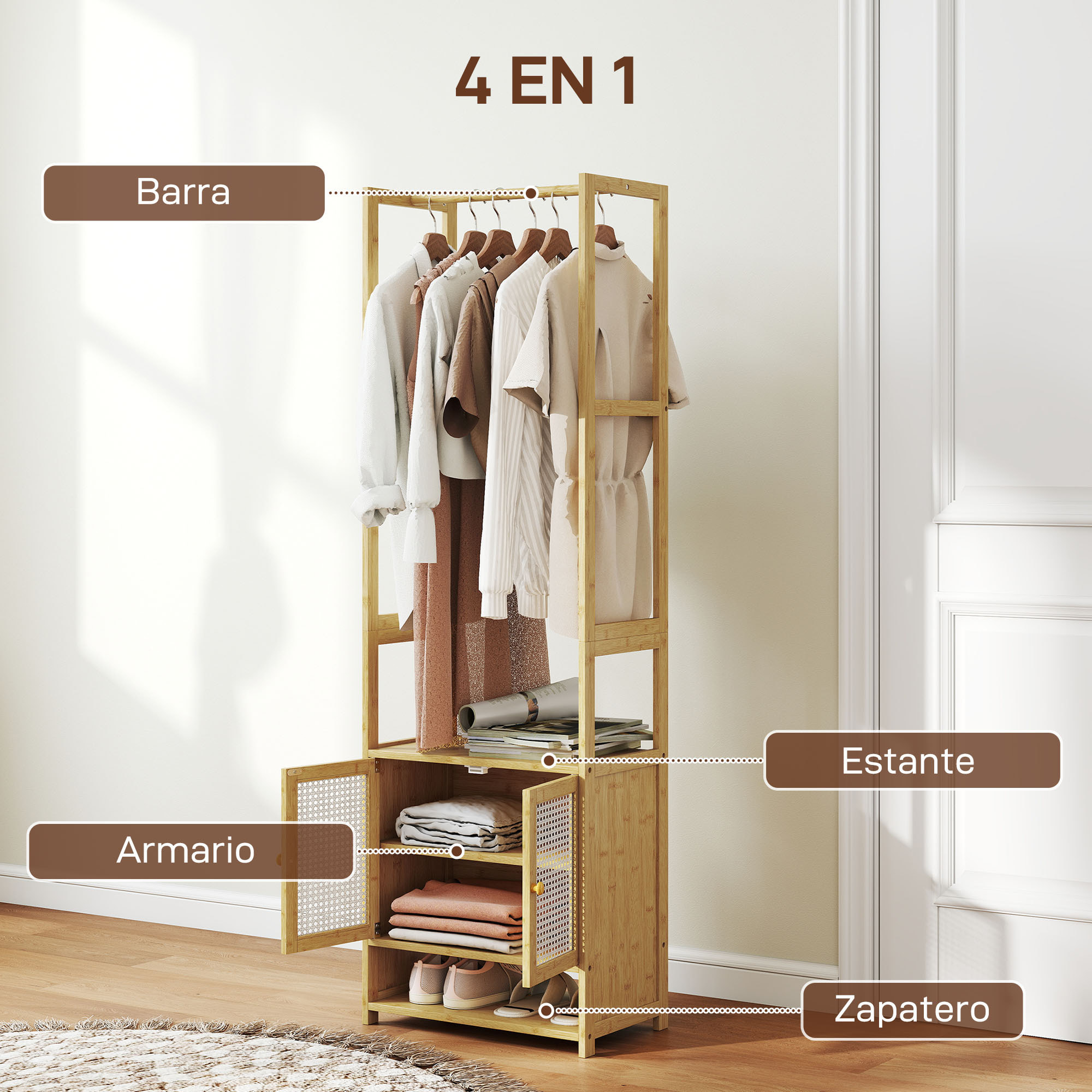 Perchero con Armario, Perchero para Ropa de Bambú, con Zapatero, Barra para Colgar, Estante Ajustable, para Entrada, Pasillo, Dormitorio, 53x31x168 cm, Natural