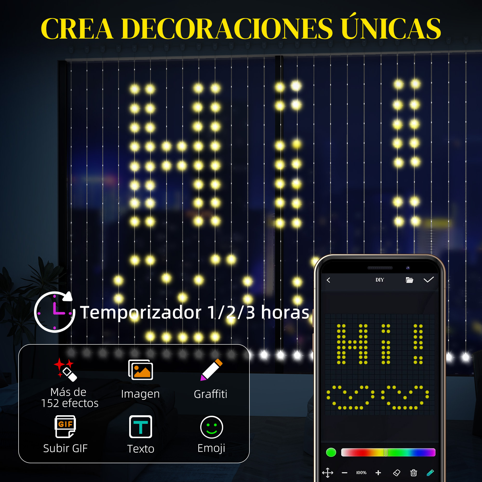 Cortina de Luces 3x3 m Cortina LED Inteligente con 400 Luces LED RGBIC Sincronización Musical Control Remoto y App Efectos Colores Personalizables para Interior Dormitorio