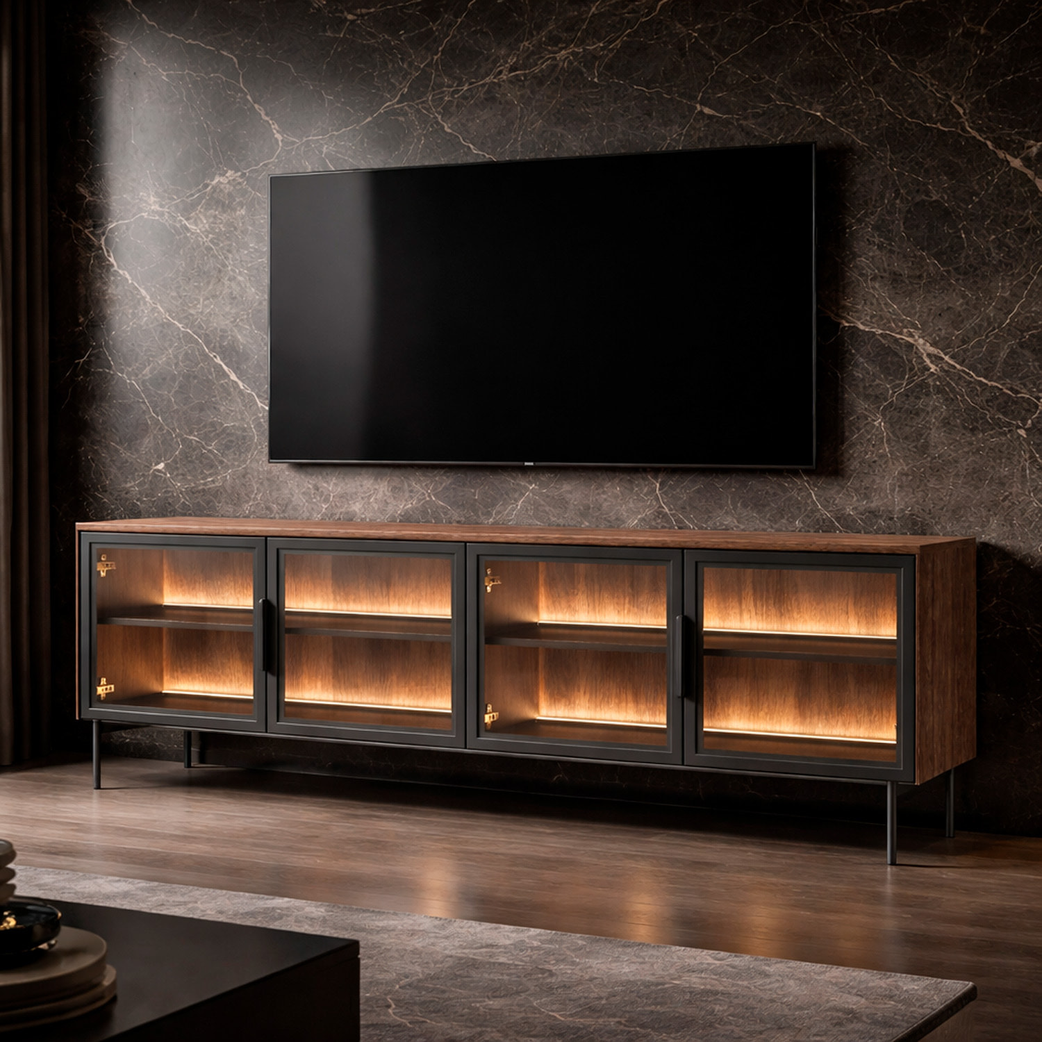 Mobile Porta TV Con 4 Ante In Vetro Temperato E Luce Led Integrata Ampio Spazio Design Elegante Moderno Soggiorno Camera 181.3 x 39.3 x 61.6 cm Rovere scuro