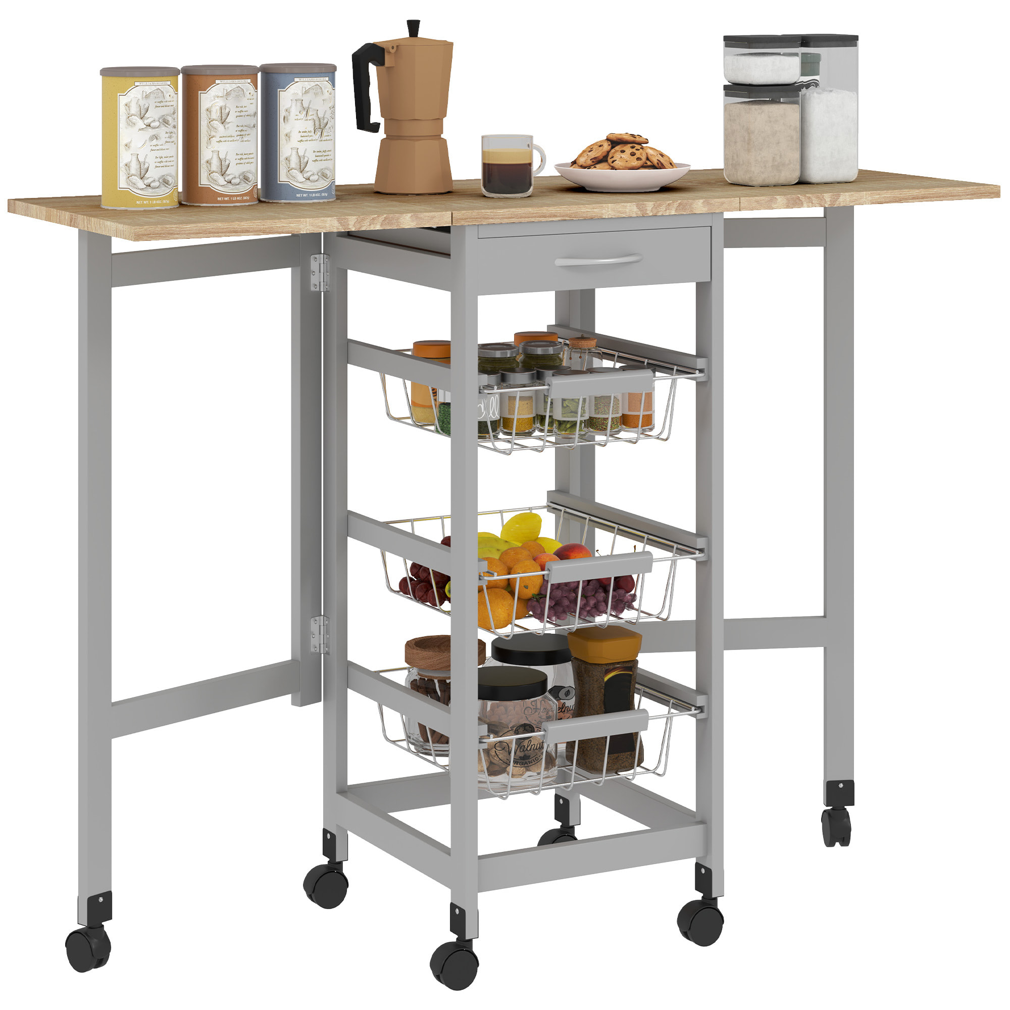 Carrito de Cocina con Alas Plegable, Carrito Auxiliar con Ruedas, Verdulero con Cajón y 3 Cesta de Metal, 97,2x37x77,5 cm, Gris y Roble