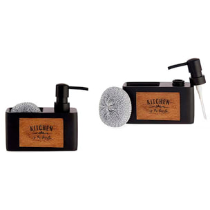 Dispensador negro con compartimento para estropajo. Grabado de madera diseño "Kitchen". Incluye estropajo.