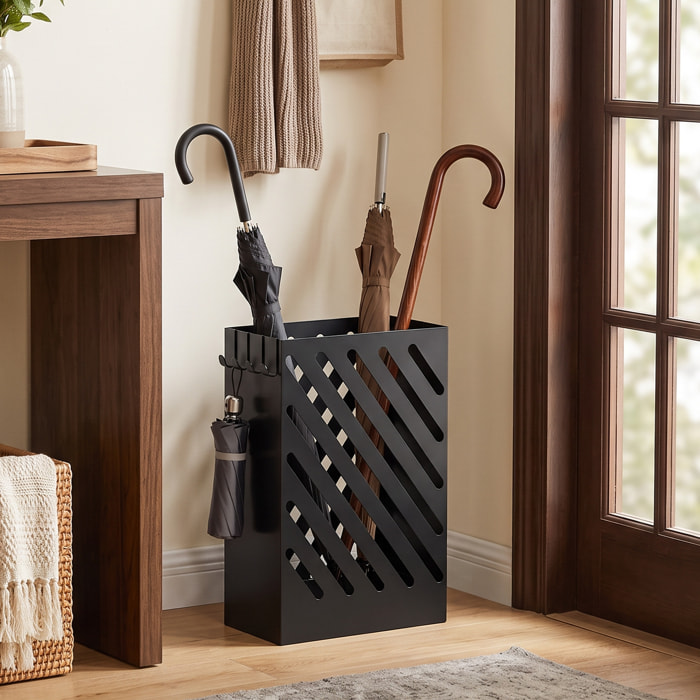 Paragüero de Acero Galvanizado, Soporte de Paraguas Estrecho con Bandeja de Goteo Extraíble, 4 Ganchos, Diseño de Cortes, para Entrada, Pasillo, Oficina, 28x14x41 cm, Negro