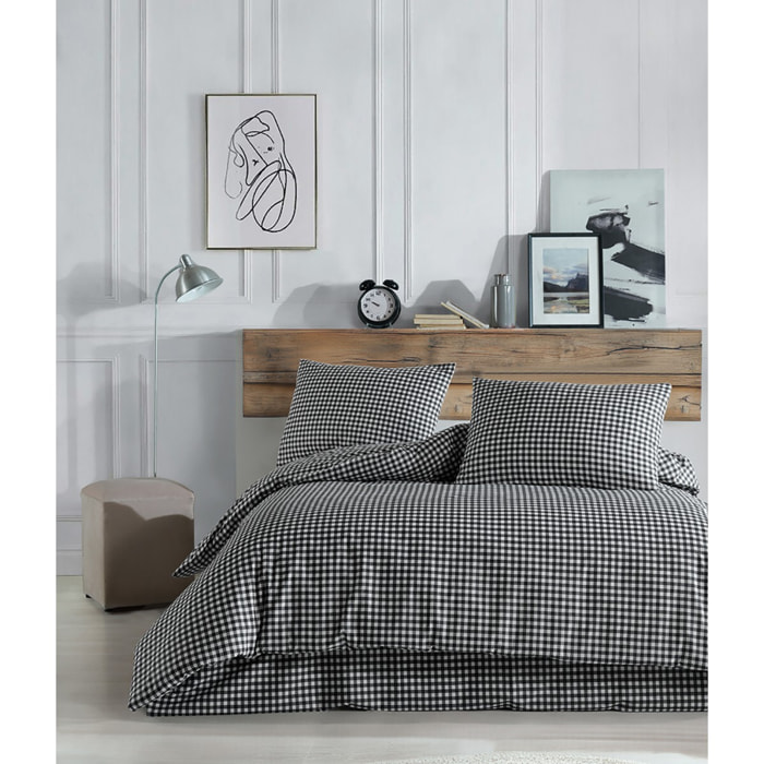 Housse de couette + taie(s) oreiller "Vichy noir" 100% coton imprimé.