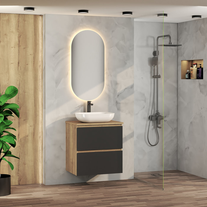 Ensemble de Salle de Bain Nia | Meuble Suspendu | 60 cm Noir | Deux Tiroirs |Lavabo sur Plan | Miroir non inclus | Meuble Monté | Alday