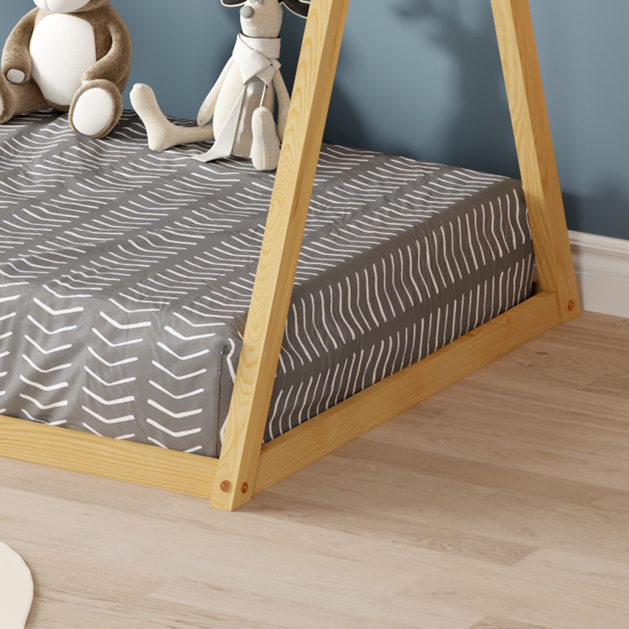 Lit Tipi 90 x 190 cm, couleur Blanc & Bois, En Bois de Pin Naturel, Robustesse et Durabilité, Stimule l'Imagination des Enfants