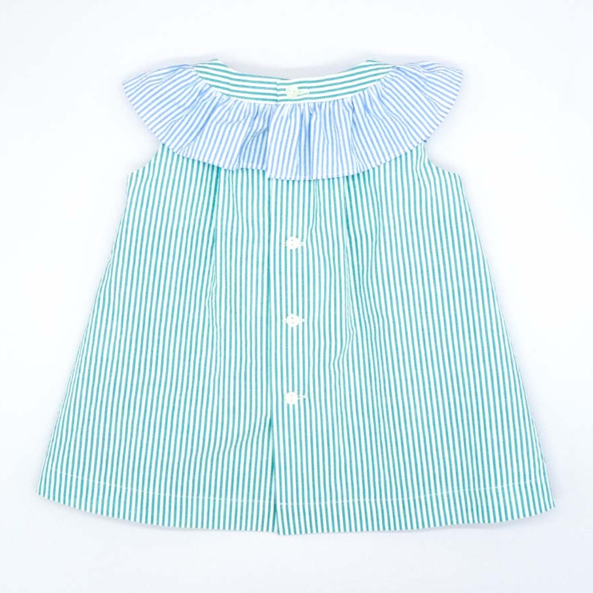 VESTIDO CON MAXIVOLANTE EN CUELLO RAYAS VERDE Y AZUL