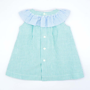 VESTIDO CON MAXIVOLANTE EN CUELLO RAYAS VERDE Y AZUL