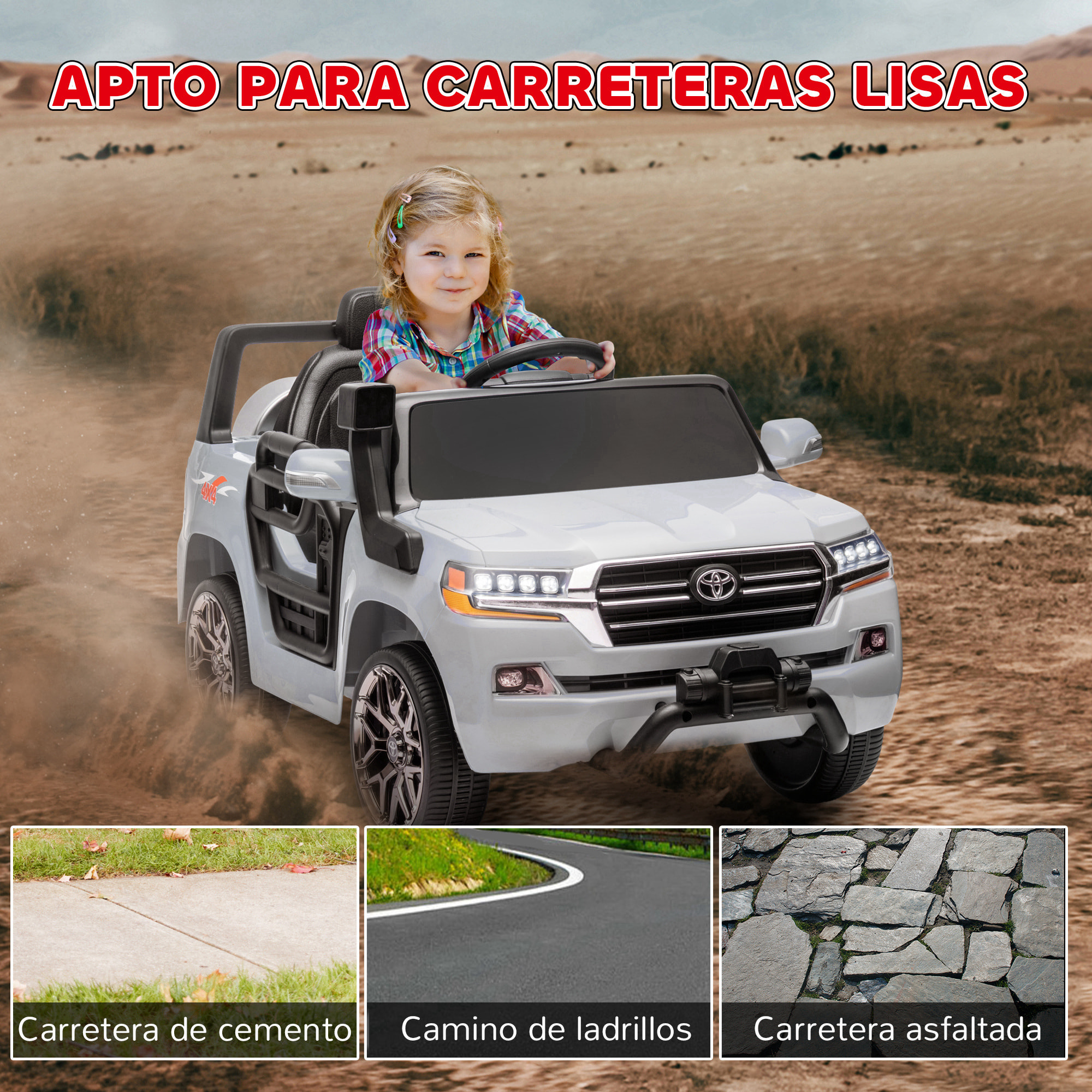 Coche Eléctrico para Niños de +3 Años Toyota LAND CRUISER Coche Eléctrico con Batería 12V Mando a Distancia Faros Bocina Arranque Suave y Música MP3 Gris