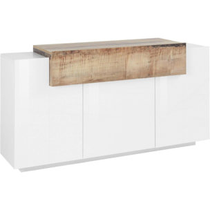 Credenza moderna a 4 ante con ribalta, Made in Italy, Madia da cucina, Buffet di design da soggiorno, cm 160x45h86, colore Bianco lucido e Acero