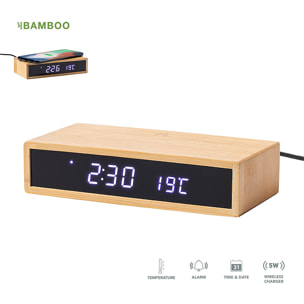 Reloj Multifunción cargador Inalámbrico 5W.Nature bambú. Intensidad de Luz Regulable. Conexión USB