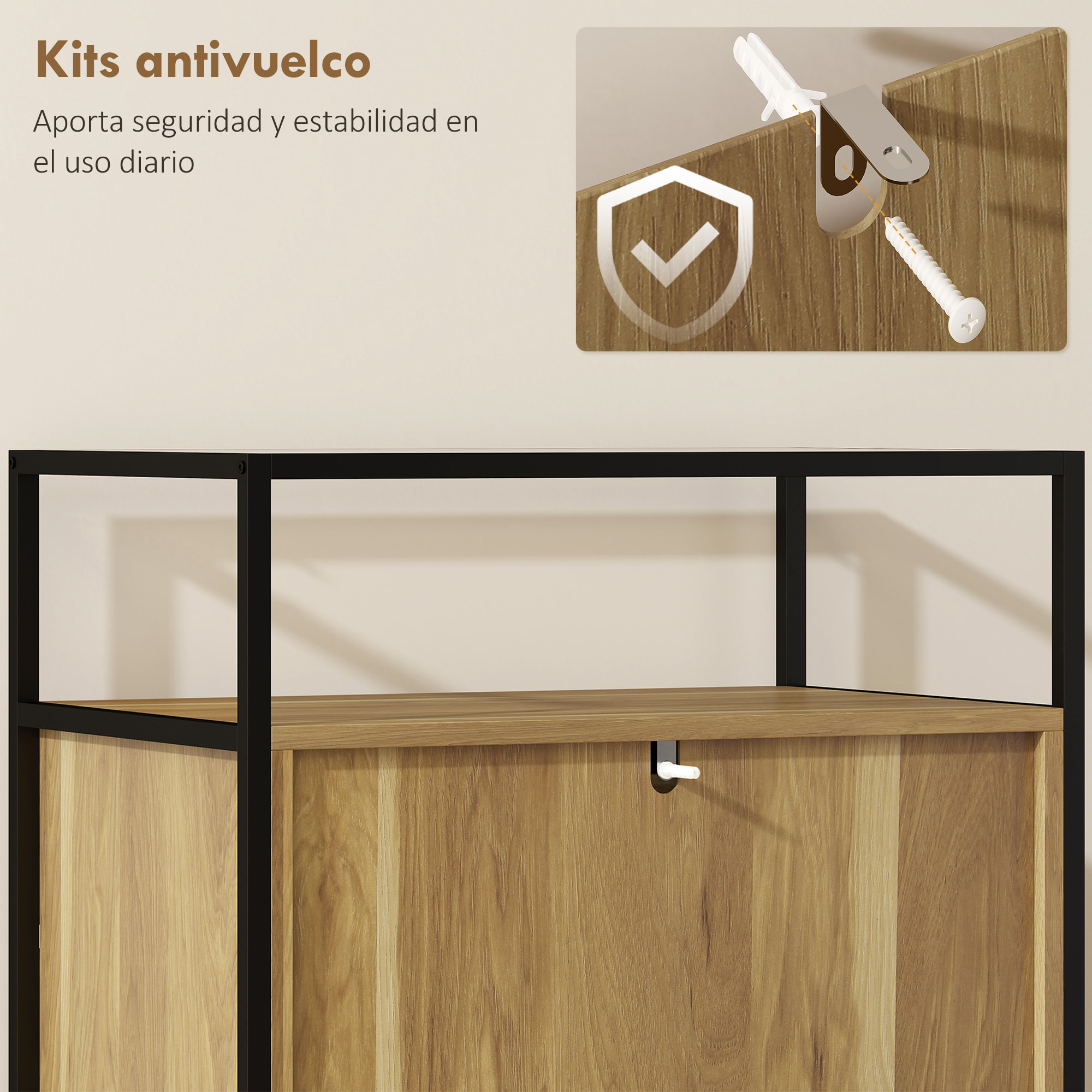 Cómoda 4 Cajones, Cómoda Dormitorio con Superficie de Vidrio Templado, Estante Abierto, Estructura de Acero, Cajonera para Salón, Oficina, 60x40x94,5 cm, Teca