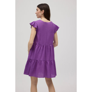 Abito corto svasato con dettaglio manica viola
