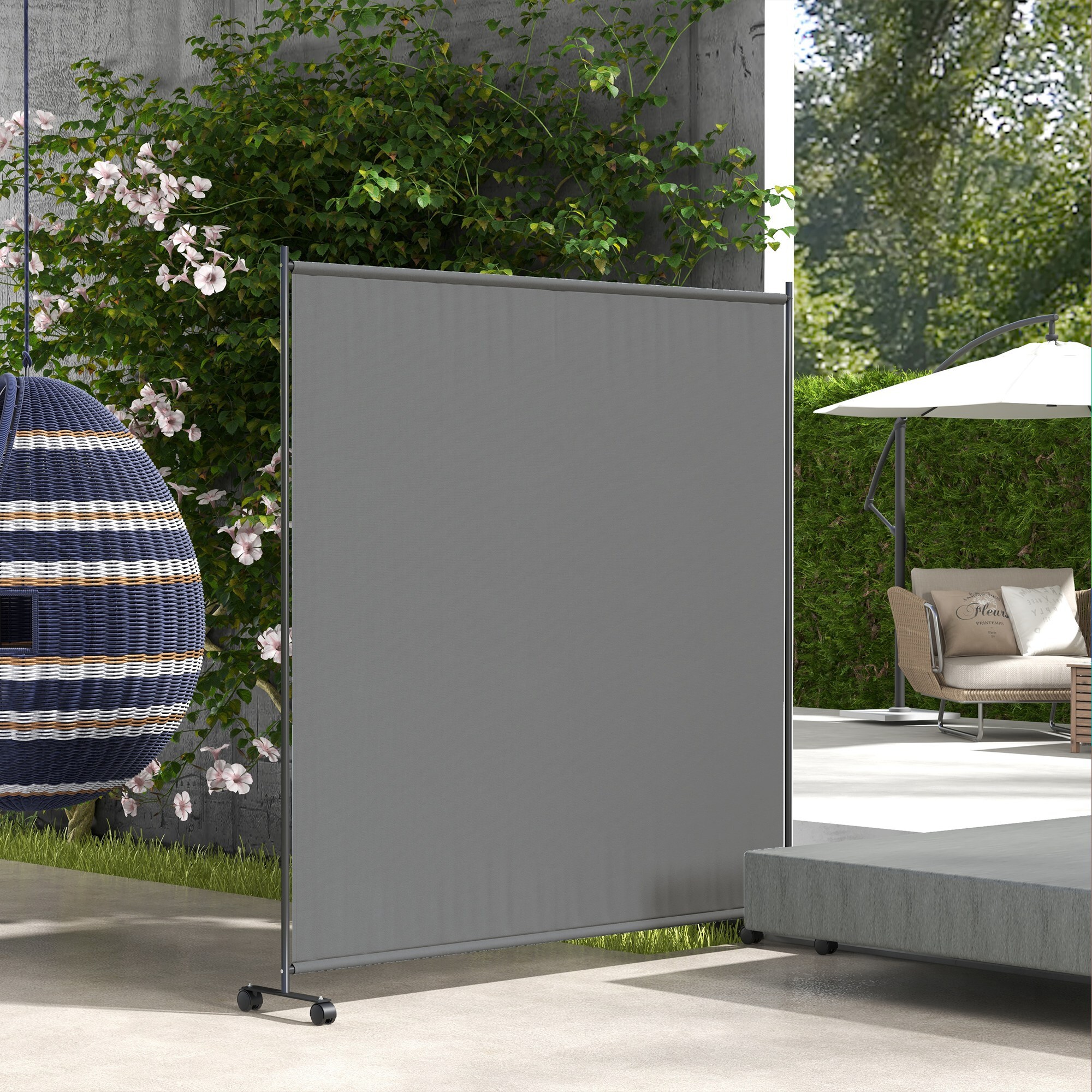 Panneau brise-vue paravent extérieur sur roulettes - autoportant - dim. 183L x 30l x 181H cm - gris