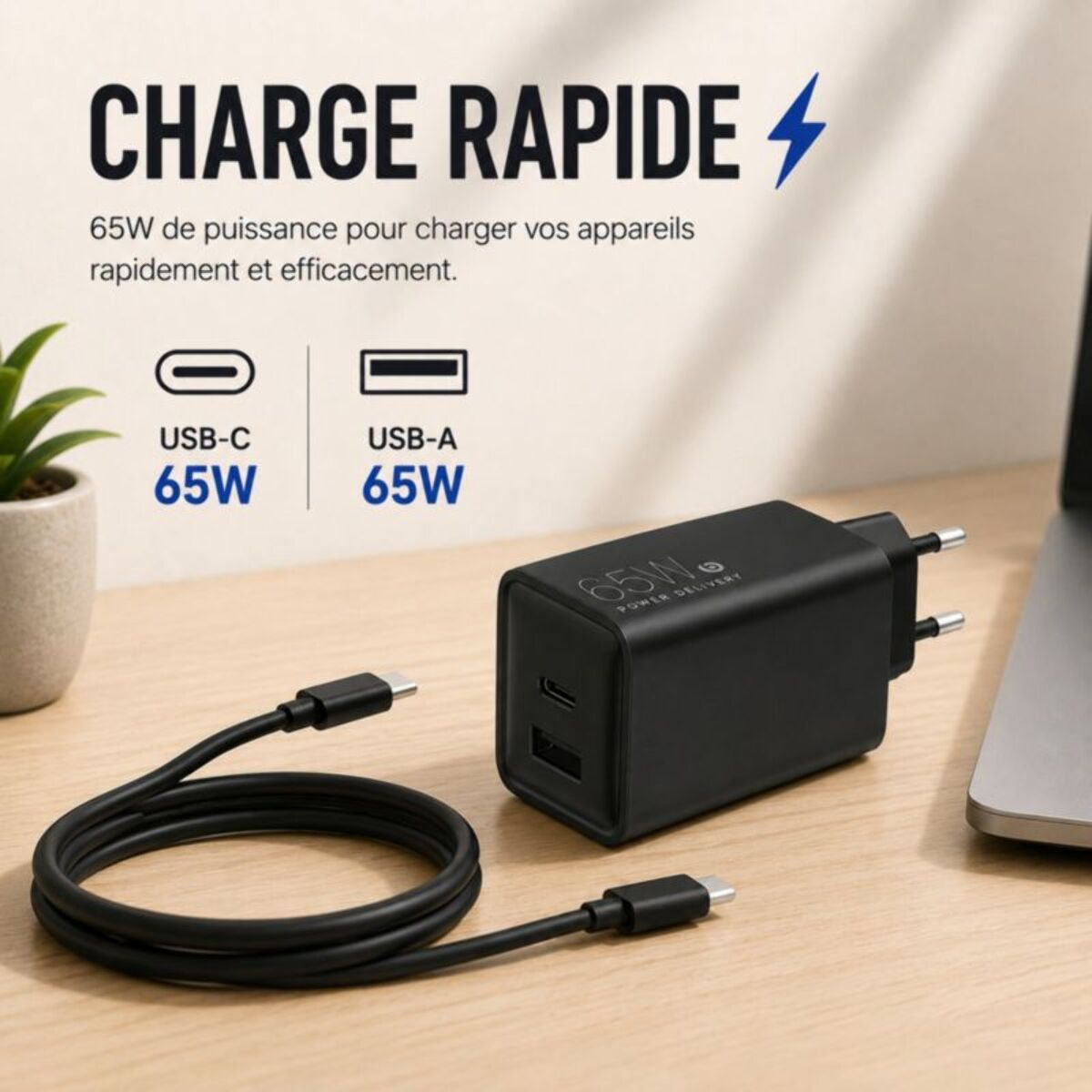 Chargeur ordinateur portable ESSENTIELB 65W USB-A + USB-C + cable USB-C 2M Noir