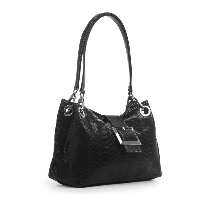 FIRENZE ARTEGIANI Anzio Borsa a Spalla da Donna. Vera Pelle Scamosciata Incisione Serpente Made in Italy 28x12x17 Cm. Colore nero