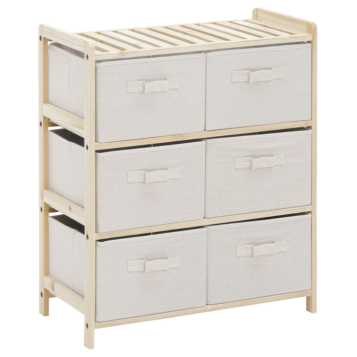 Commode 6 tiroirs tissu polyester beige dim. 59L x 28l x 70H cm bois sapin