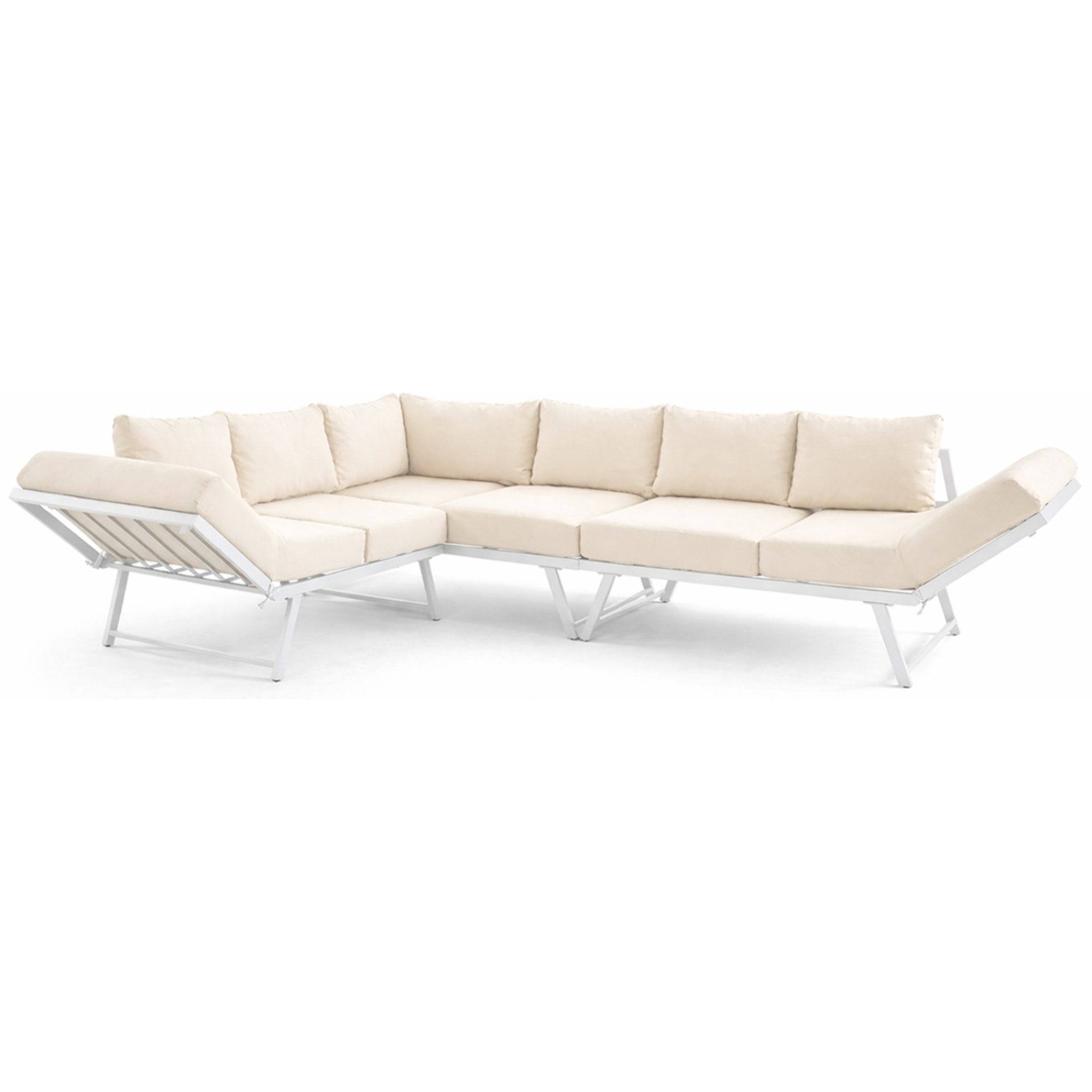 Konna - salon de jardin d'angle en acier blanc - 5 places - coussin beige et table incluse - Beige/Blanc