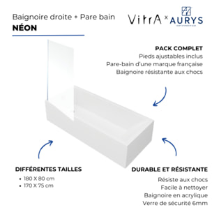 Baignoire rectangulaire Neon 170x75cm + Pare bain gauche AURYS Mist 1 chromé profilé gauche